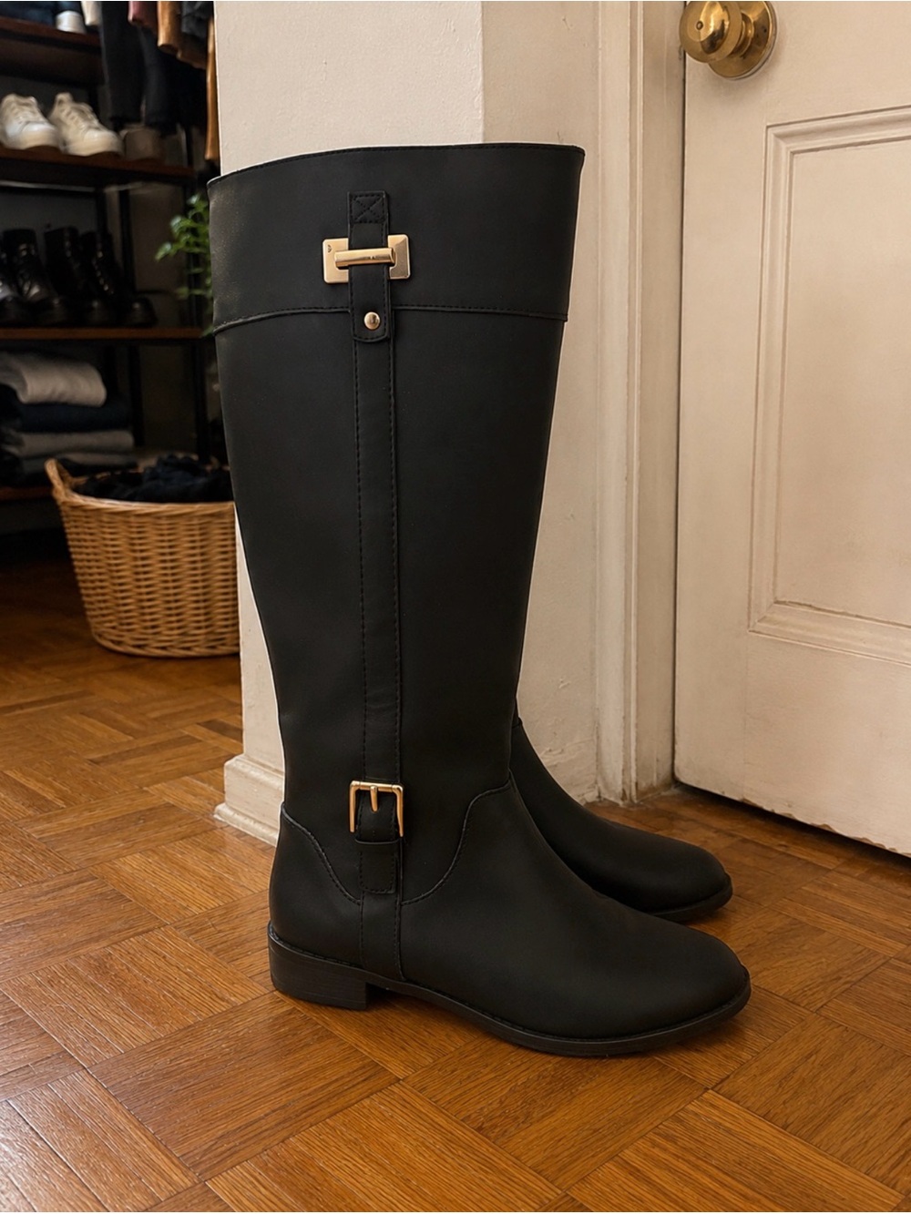 Classic Tall Black Riding Boots with Gold Buckle